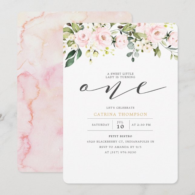 Invitation Floral rose et Eucalyptus Fille 1er anniversaire (Devant / Derrière)