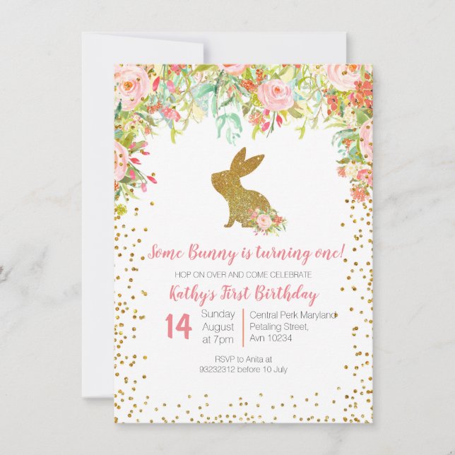 Invitation Floral rosé et lapin d'or Anniversaire Floral (Devant)