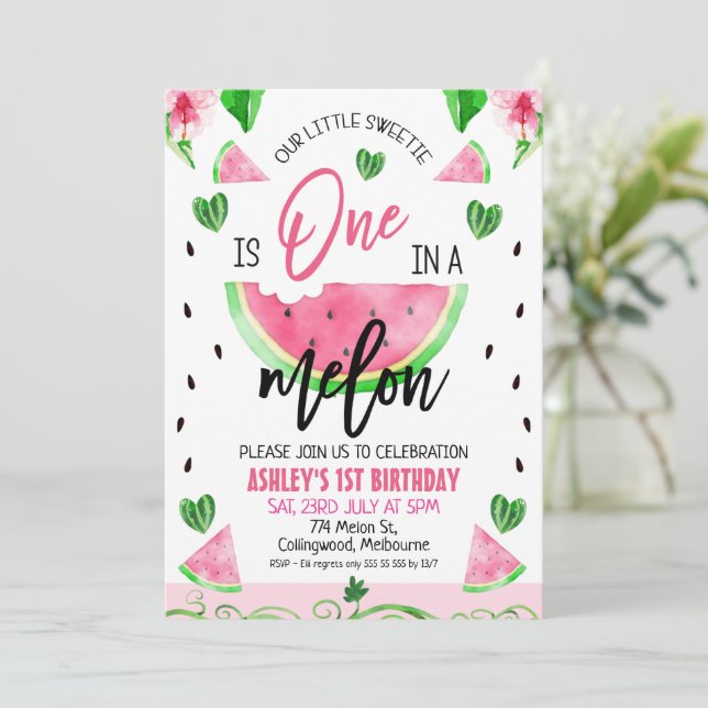 Invitation Floral rose et vigne un dans un melon 1er annivers (Debout devant)