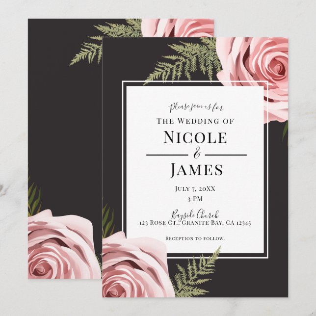 Invitation Floral rose foncé Rose Rustique Shabby Chic Mariag (Devant / Derrière)