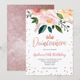 Invitation Floral Rose Gold Mexicain Quinceañera Anniversaire