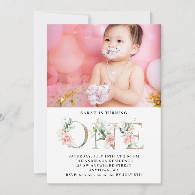 Invitation Floral Rose Gold Photo personnalisée 1ère fête d'a (Devant)