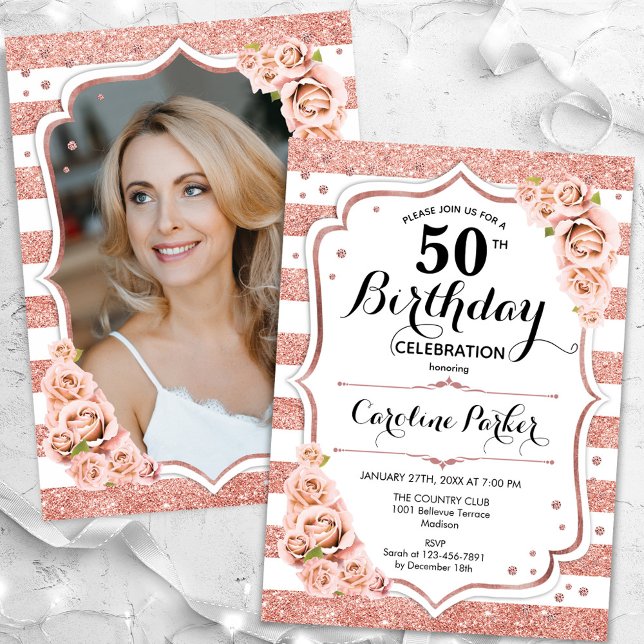 Invitation Floral Rose Gold White Photo 50e anniversaire (Créateur téléchargé)