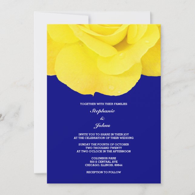 Invitation Floral Rose Jaune Marine Bleu printemps Mariage d' (Devant)