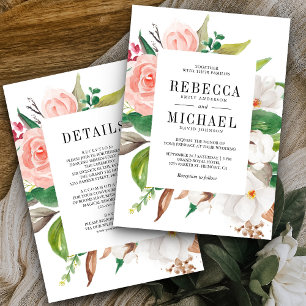 Invitation Floral rose Magnolia blanc en un seul Mariage