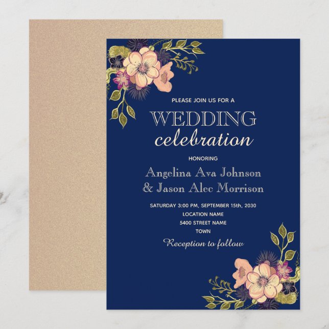 Invitation Floral Rose Mariage de la Marine (Devant / Derrière)