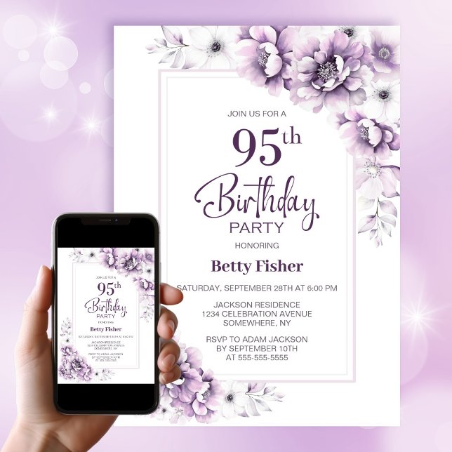 Invitation Floral rose moderne 95e fête d'anniversaire (Créateur téléchargé)