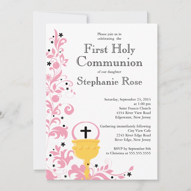 Invitation Floral rose moderne Première Communion (Devant)