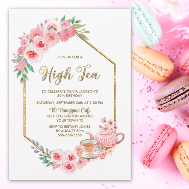 Invitation Floral rose N'Importe Quel Âge Haut Thé Anniversai (Créateur téléchargé)
