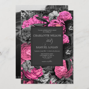 Invitation Floral rose noir   Mariage photo noir et blanc