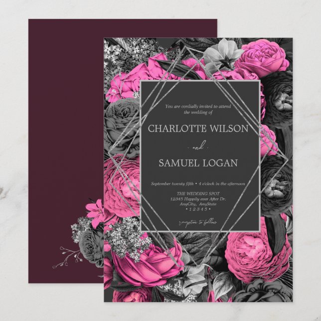 Invitation Floral rose noir | Moderne Chic Floral Mariage Inv (Devant / Derrière)
