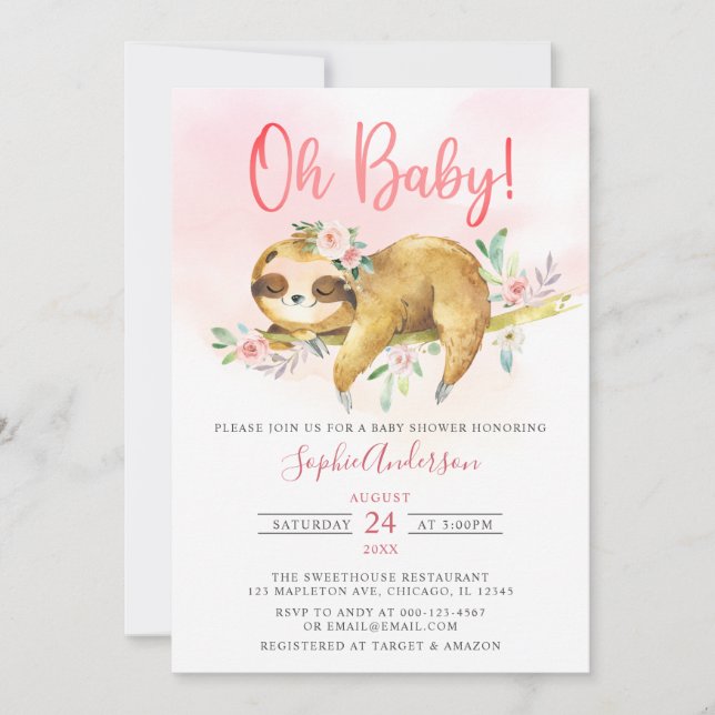 Invitation Floral rose Oh Baby Girl mignonne Baby shower Slot (Devant)