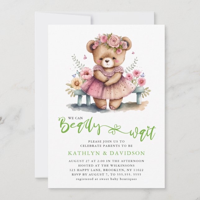 Invitation Floral rose on peut attendre le Baby shower fille (Devant)