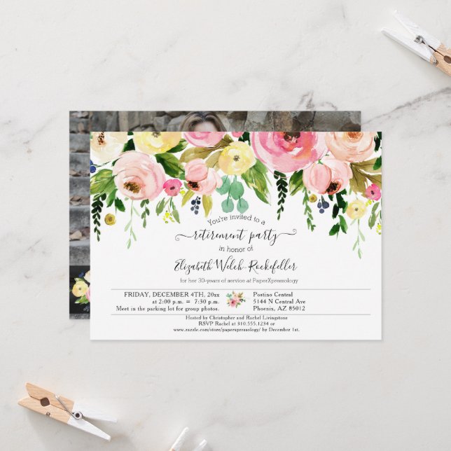 Invitation Floral Rose or Bonne chance Retraite de la partie  (Devant/Arrière en situation)