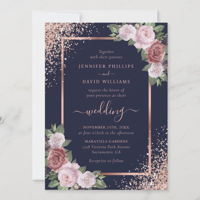 Invitation Floral Rose or Marine bleu Blush rose Mariage (Devant)