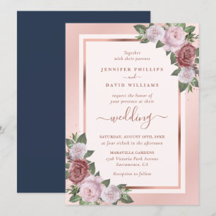 Invitation Floral Rose or Marine Blue Blush Mariage