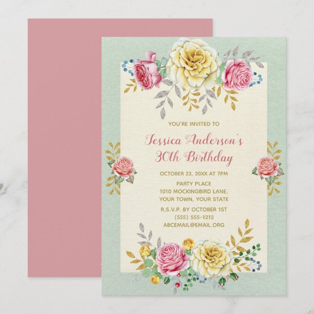 Invitation Floral Rose Or trentième 30ème anniversaire Invita (Devant / Derrière)