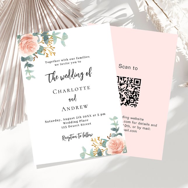 Invitation Floral rose or verdure détails code QR mariage (Créateur téléchargé)