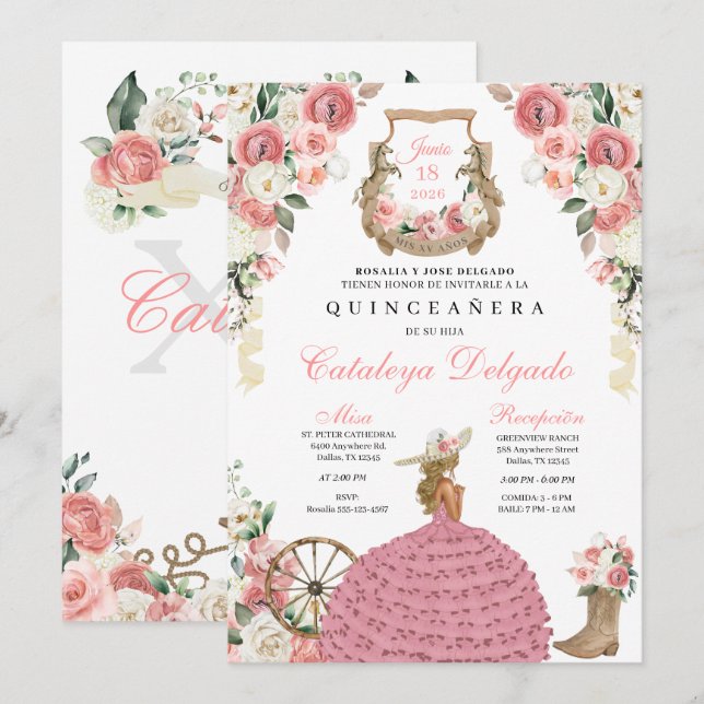 Invitation Floral rose Ouest Mariachi Charro Quinceañera (Devant / Derrière)