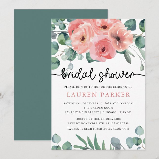 Invitation Floral rose pâle et Fête des mariées de feuillage (Devant / Derrière)
