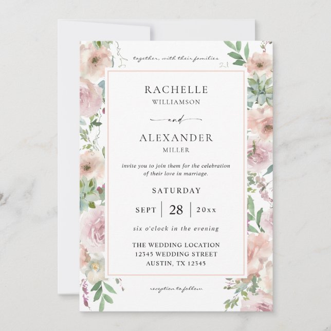 Invitation Floral rose pâle et Succulent 2 Mariages (Devant)