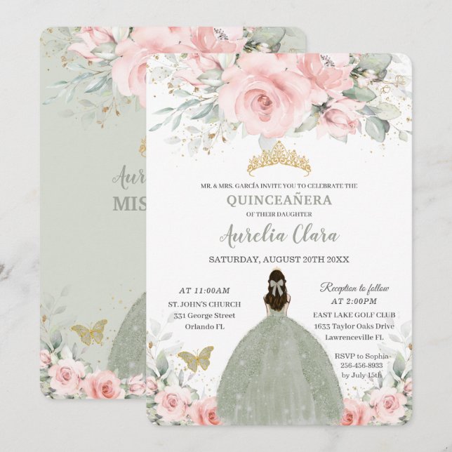 Invitation Floral rose pâle Princesse Sage Green Quinceañera (Devant / Derrière)
