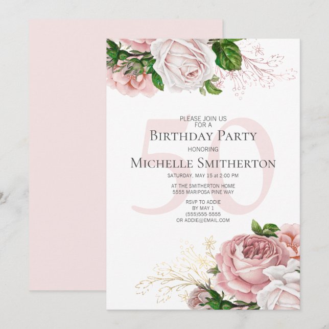 Invitation Floral rose pâle Roses blanc 50e anniversaire (Devant / Derrière)