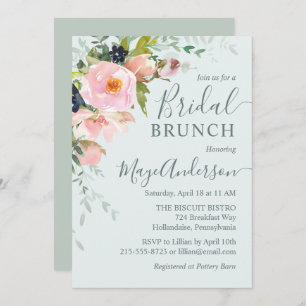 Invitation Floral rose pâle sur Brunch nuptial bleu clair