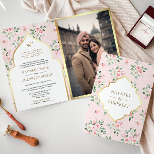 Invitation Floral rose pâle tout en un Anand Karaj Mariage