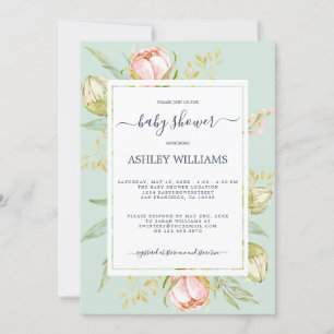 Invitation Floral rose pivoine Rustique Boho Baby shower vert