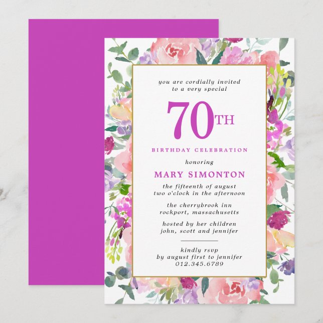 Invitation Floral rose pourpre 70e anniversaire (Devant / Derrière)