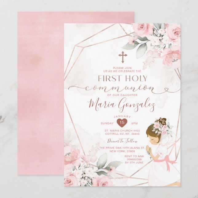 Invitation Floral rose Première Sainte Communion Mignonne Fil (Devant / Derrière)