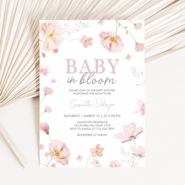 Invitation Floral rose printemps bébé dans le Baby shower en  (Pink Spring Floral Baby in Bloom Baby Shower Invitation
)