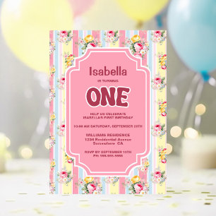 Invitation Floral rose rayé 1er anniversaire fête