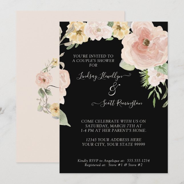 Invitation Floral Rose rose Jaune Aquarelle Couples Douche (Devant / Derrière)