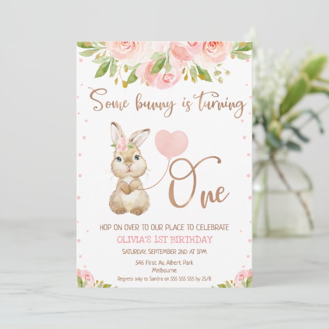 Invitation Floral Rose Rose Or Certains lapin 1er anniversair (Debout devant)