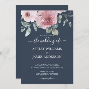 Invitation Floral rose rose rose Mariage bleu foncé