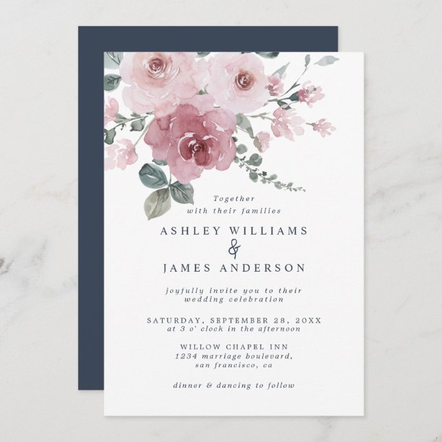 Invitation Floral rose rose rose Mariage bleu foncé (Devant / Derrière)