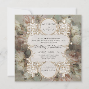 Invitation  Floral Rose Rose Rose Or Doré Script Vintage