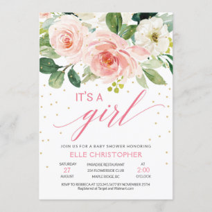 Invitation Floral rose rousse, c'est un baby shower de fille