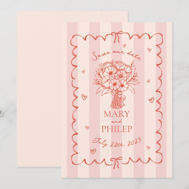Invitation Floral Rose Stripe Botanique Enregistrer La Date (Devant / Derrière)