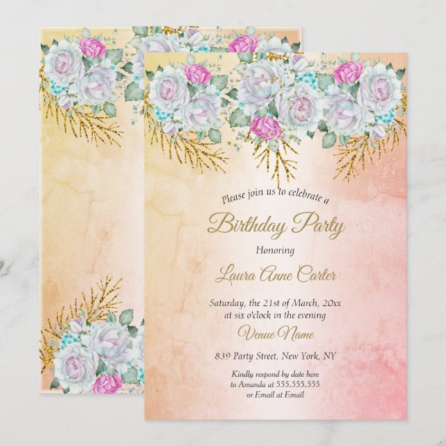 Invitation Floral rose Turquoise bleu or fête d'anniversaire (Devant / Derrière)