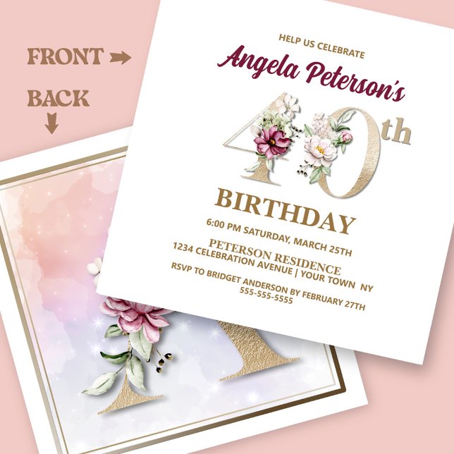Invitation Floral rose Un 40e anniversaire (Créateur téléchargé)