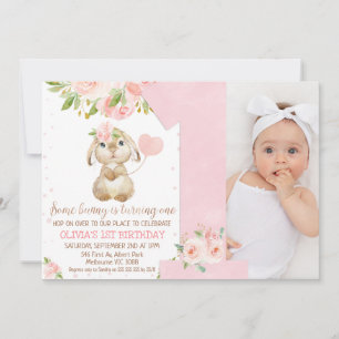 Invitation Floral rose Un lapin Numéro 1er Anniversaire