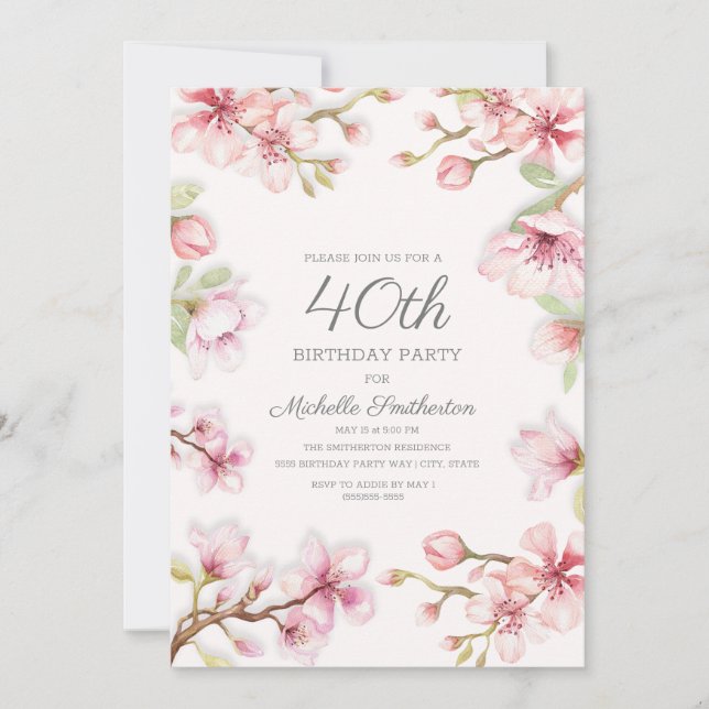 Invitation Floral rose Vert Feuille 40e anniversaire femme (Devant)