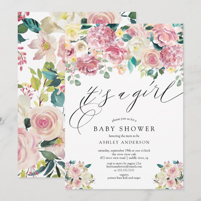 Invitation Floral rose vif C'est un Baby shower féminin (Devant / Derrière)