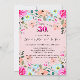 Invitation Floral rose vif espagnol 30ème anniversaire