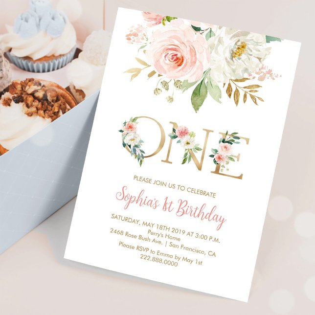 Invitation Floral rose vif, or, UNE Fille fête d'anniversaire (Créateur téléchargé)