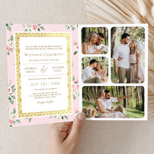 Invitation Floral rose vif tout en un Mariage indien d'or