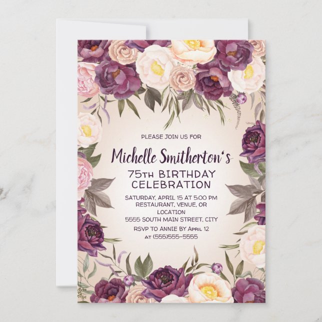 Invitation Floral rose vintage 75e anniversaire (Devant)